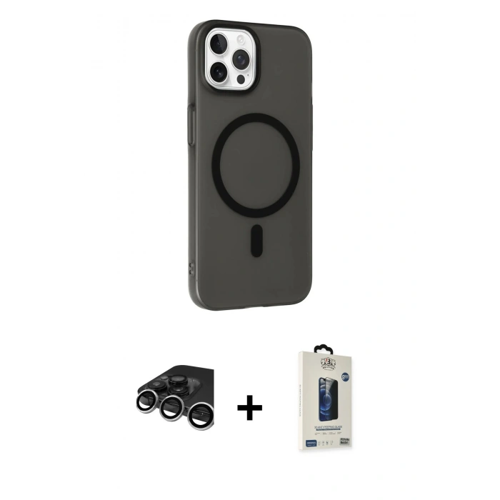 MARSİLYAN™- iPhone 15 Pro Max Kılıf Çekirdek Modern Prime - Siyah Bilvis Hayalet Cam Ekran Koruyucu + Raze Metal Kamera Lens - GS