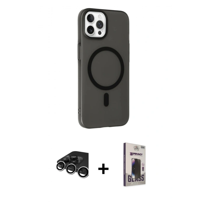 MARSİLYAN™- iPhone 15 Pro Max Kılıf Çekirdek Modern Prime - Siyah Bilvis Hayalet Cam Ekran Koruyucu + Raze Metal Kamera Lens - GS