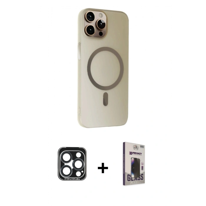 MARSİLYAN™- iPhone 15 Pro Max Kılıf Çekirdek Modern Prime - Siyah Bilvis Hayalet Cam Ekran Koruyucu + Lacivert PVD Metal Kamera Lens