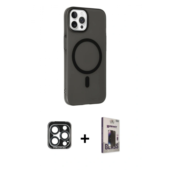 MARSİLYAN™- iPhone 15 Pro Max Kılıf Çekirdek Modern Prime - Siyah Bilvis Hayalet Cam Ekran Koruyucu + Lacivert PVD Metal Kamera Lens