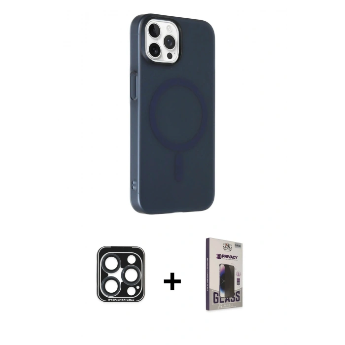 MARSİLYAN™- iPhone 15 Pro Max Kılıf Çekirdek Modern Prime - Siyah Bilvis Hayalet Cam Ekran Koruyucu + Lacivert PVD Metal Kamera Lens