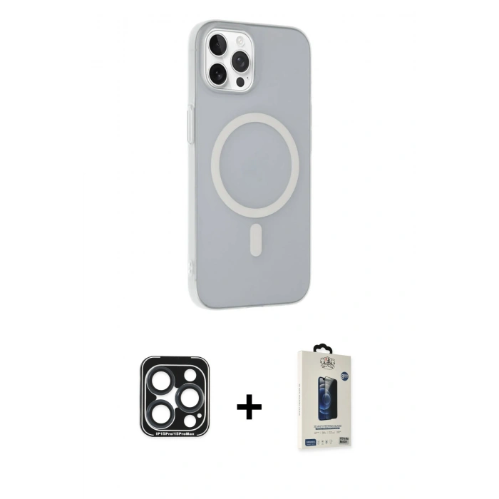 MARSİLYAN™- iPhone 15 Pro Max Kılıf Çekirdek Modern Prime - Siyah Bilvis Hayalet Cam Ekran Koruyucu + PVD Metal Kamera Lens - LT