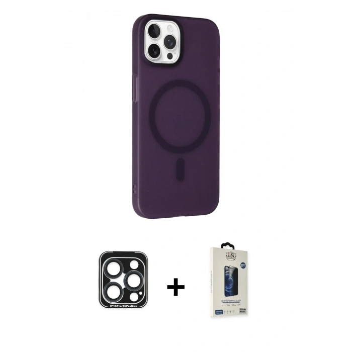 MARSİLYAN™- iPhone 15 Pro Max Kılıf Çekirdek Modern Prime - Siyah Bilvis Hayalet Cam Ekran Koruyucu + PVD Metal Kamera Lens - LT