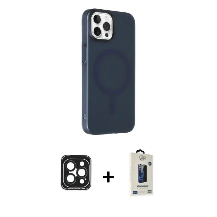 MARSİLYAN™- iPhone 15 Pro Max Kılıf Çekirdek Modern Prime - Siyah Bilvis Hayalet Cam Ekran Koruyucu + PVD Metal Kamera Lens - SH