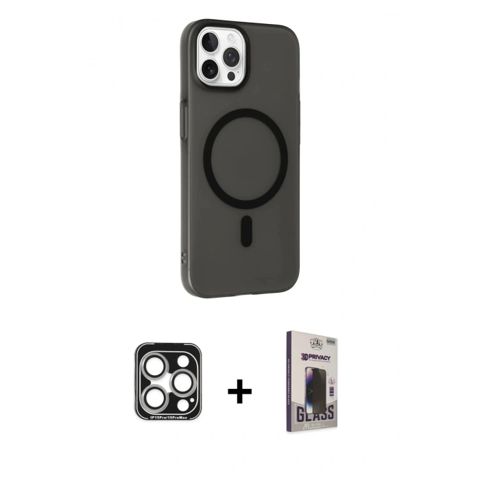 MARSİLYAN™- iPhone 15 Pro Max Kılıf Çekirdek Modern Prime - Siyah Bilvis Hayalet Cam Ekran Koruyucu + PVD Metal Kamera Lens - GS