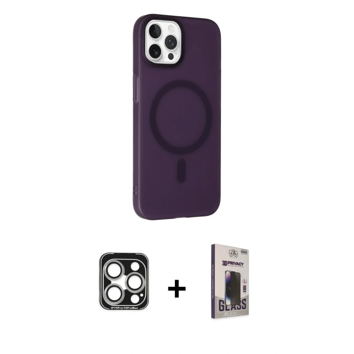 MARSİLYAN™- iPhone 15 Pro Max Kılıf Çekirdek Modern Prime - Siyah Bilvis Hayalet Cam Ekran Koruyucu + PVD Metal Kamera Lens - GS