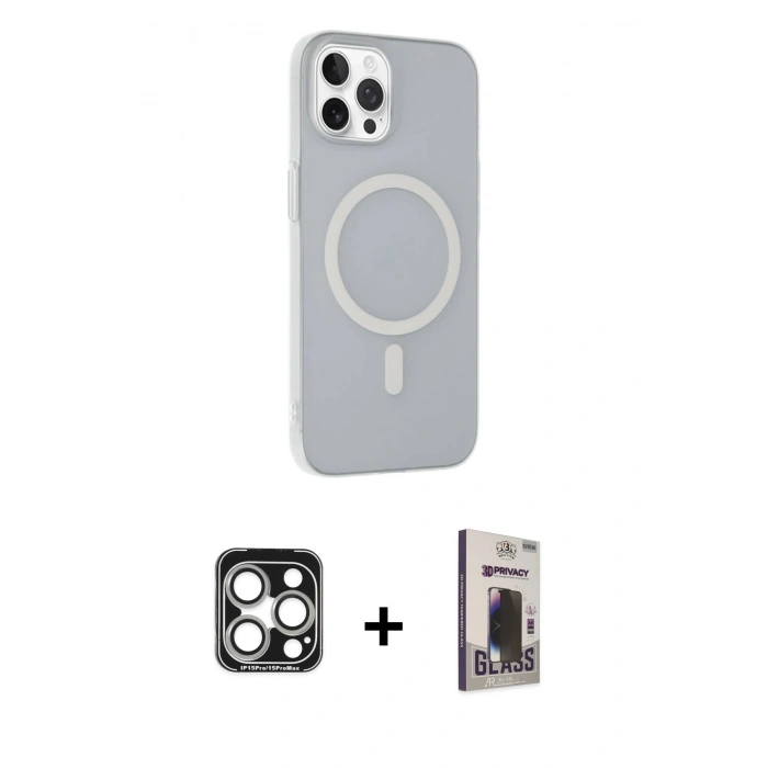 MARSİLYAN™- iPhone 15 Pro Max Kılıf Çekirdek Modern Prime - Siyah Bilvis Hayalet Cam Ekran Koruyucu + PVD Metal Kamera Lens - GS