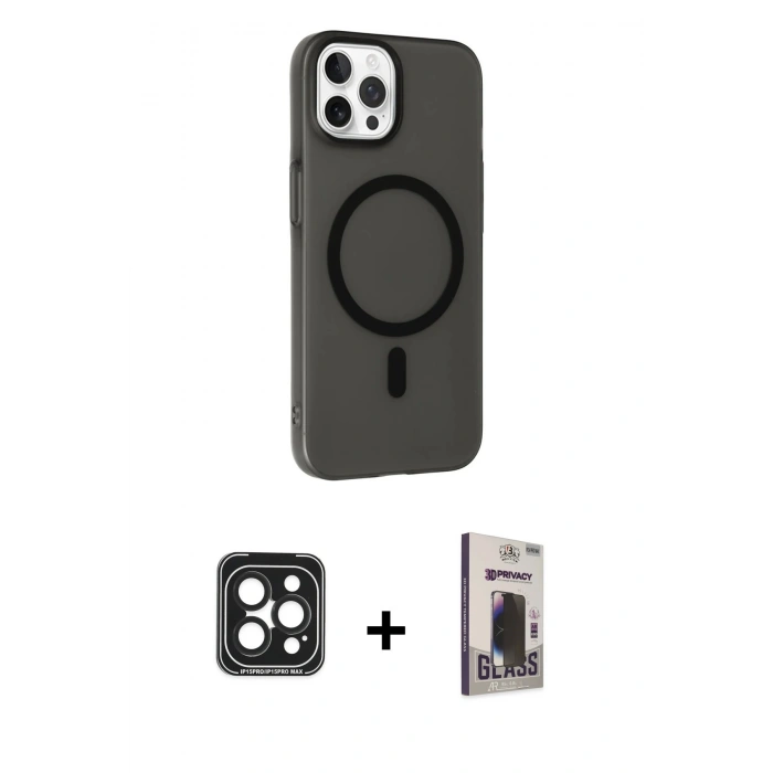 MARSİLYAN™- iPhone 15 Pro Max Kılıf Çekirdek Modern Prime - Siyah Bilvis Hayalet Cam Ekran Koruyucu + PVD Metal Kamera Lens - SH