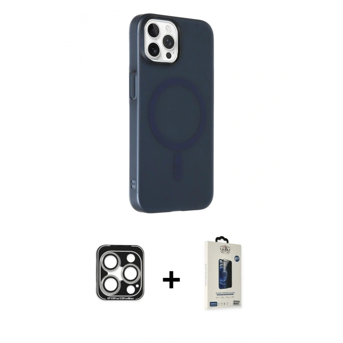 MARSİLYAN™- iPhone 15 Pro Max Kılıf Çekirdek Modern Prime - Siyah Bilvis Hayalet Cam Ekran Koruyucu + PVD Metal Kamera Lens - GS