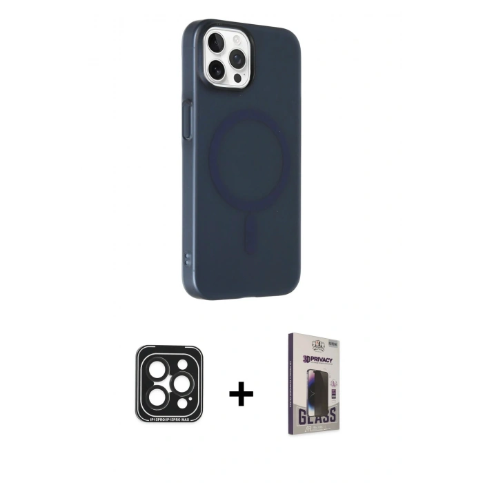 MARSİLYAN™- iPhone 15 Pro Max Kılıf Çekirdek Modern Prime - Siyah Bilvis Hayalet Cam Ekran Koruyucu + PVD Metal Kamera Lens - SH