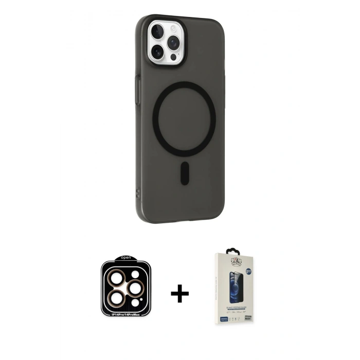 MARSİLYAN™- iPhone 15 Pro Max Kılıf Çekirdek Modern Prime - Siyah Bilvis Hayalet Cam Ekran Koruyucu + PVD Metal Kamera Lens - TU