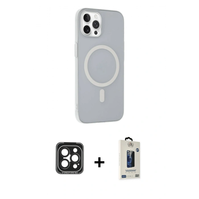 MARSİLYAN™- iPhone 15 Pro Max Kılıf Çekirdek Modern Prime - Siyah Bilvis Hayalet Cam Ekran Koruyucu + PVD Metal Kamera Lens - SH