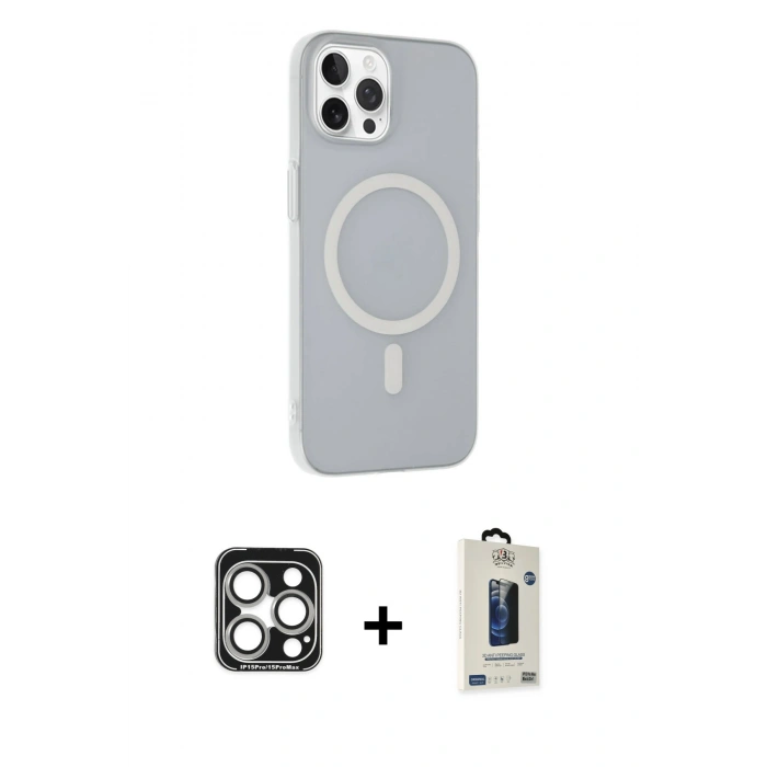 MARSİLYAN™- iPhone 15 Pro Max Kılıf Çekirdek Modern Prime - Siyah Bilvis Hayalet Cam Ekran Koruyucu + PVD Metal Kamera Lens - GS