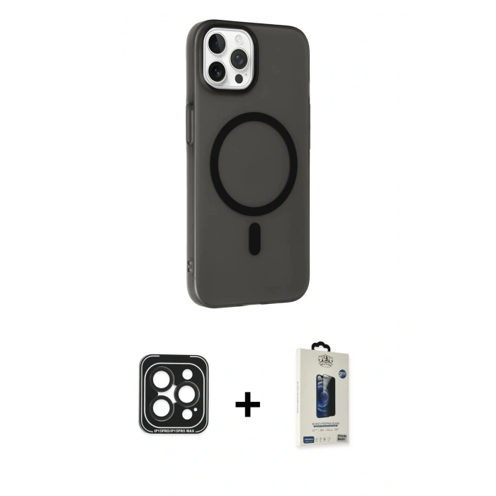 MARSİLYAN™- iPhone 15 Pro Max Kılıf Çekirdek Modern Prime - Siyah Bilvis Hayalet Cam Ekran Koruyucu + PVD Metal Kamera Lens - SH