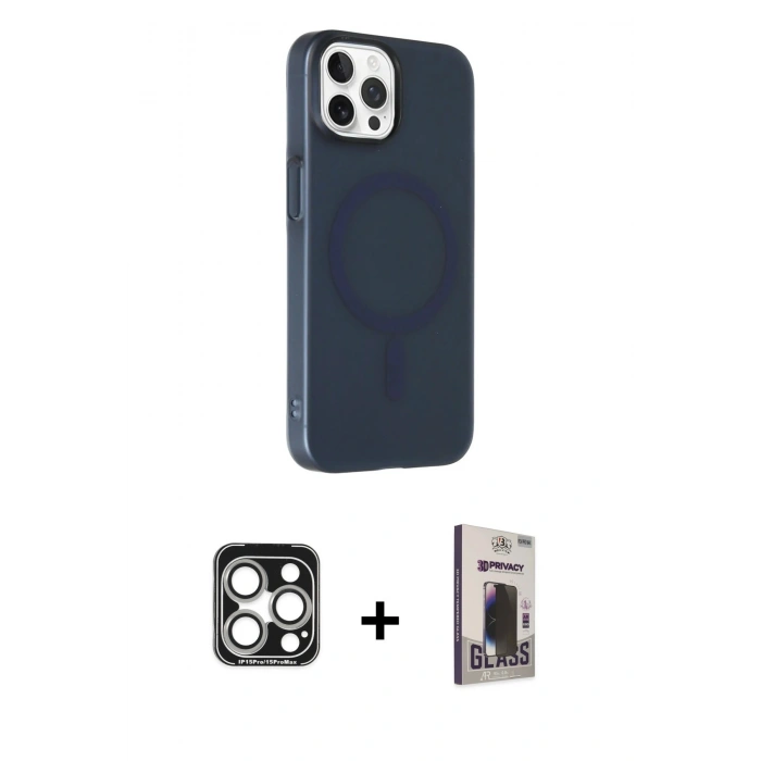 MARSİLYAN™- iPhone 15 Pro Max Kılıf Çekirdek Modern Prime - Siyah Bilvis Hayalet Cam Ekran Koruyucu + PVD Metal Kamera Lens - GS
