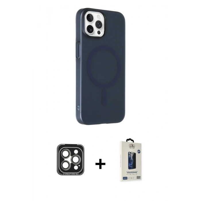 MARSİLYAN™- iPhone 15 Pro Max Kılıf Çekirdek Modern Prime - Siyah Bilvis Hayalet Cam Ekran Koruyucu + PVD Metal Kamera Lens - GI