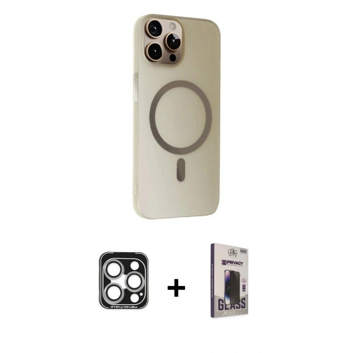 MARSİLYAN™- iPhone 15 Pro Max Kılıf Çekirdek Modern Prime - Siyah Bilvis Hayalet Cam Ekran Koruyucu + PVD Metal Kamera Lens - GS