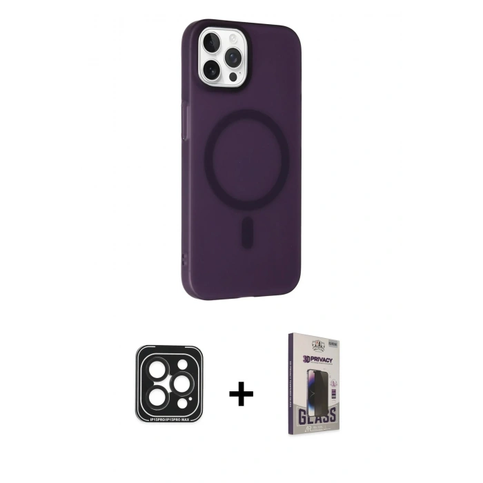 MARSİLYAN™- iPhone 15 Pro Max Kılıf Çekirdek Modern Prime - Siyah Bilvis Hayalet Cam Ekran Koruyucu + PVD Metal Kamera Lens - SH