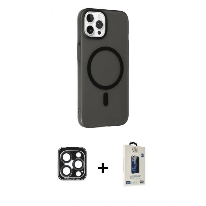 MARSİLYAN™- iPhone 15 Pro Max Kılıf Çekirdek Modern Prime - Siyah Bilvis Hayalet Cam Ekran Koruyucu + PVD Metal Kamera Lens - LT