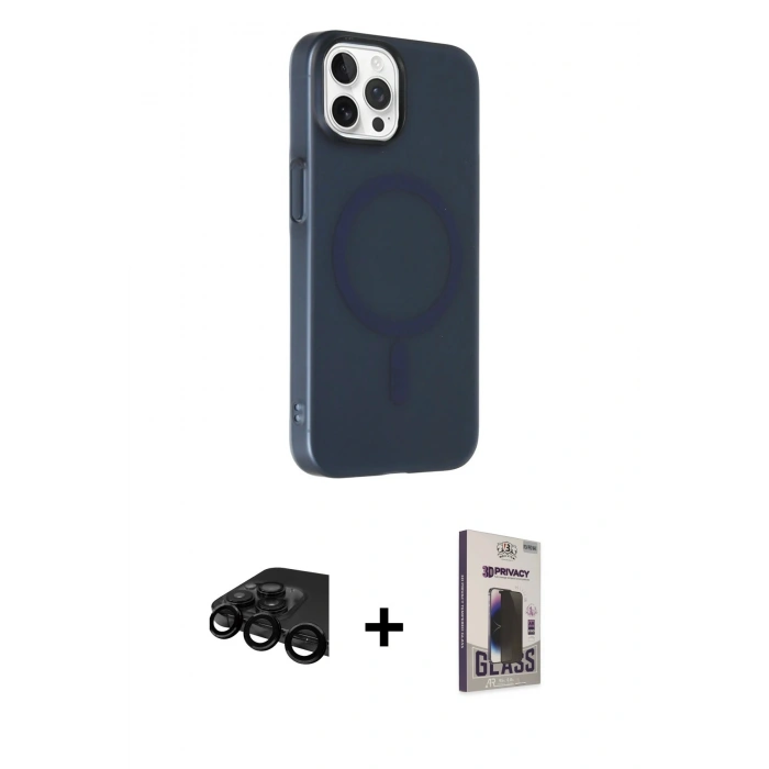 MARSİLYAN™- iPhone 15 Pro Max Kılıf Çekirdek Modern Prime - Siyah Bilvis Hayalet Cam Ekran Koruyucu + Raze Metal Kamera Lens - SH