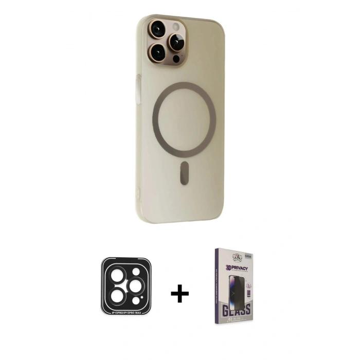MARSİLYAN™- iPhone 15 Pro Max Kılıf Çekirdek Modern Prime - Siyah Bilvis Hayalet Cam Ekran Koruyucu + Siyah PVD Metal Kamera Lens
