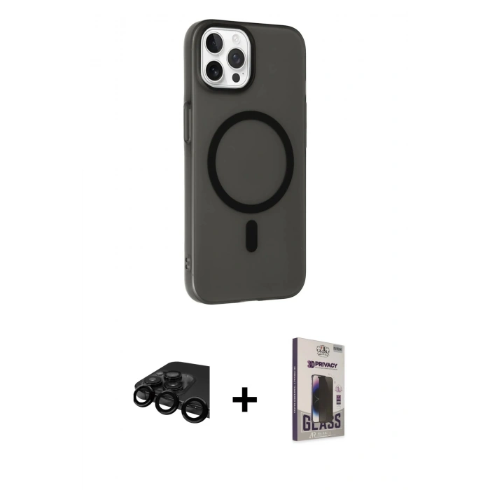 MARSİLYAN™- iPhone 15 Pro Max Kılıf Çekirdek Modern Prime - Siyah Bilvis Hayalet Cam Ekran Koruyucu + Raze Metal Kamera Lens - SH