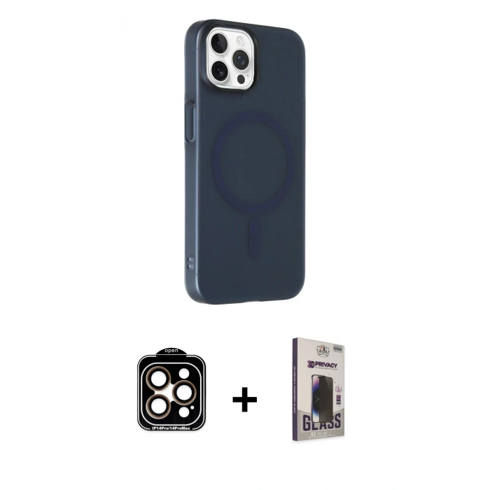 MARSİLYAN™- iPhone 15 Pro Max Kılıf Çekirdek Modern Prime - Siyah Bilvis Hayalet Cam Ekran Koruyucu + PVD Metal Kamera Lens - TU