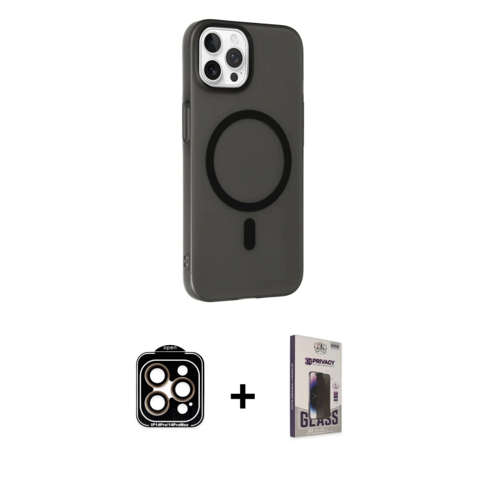 MARSİLYAN™- iPhone 15 Pro Max Kılıf Çekirdek Modern Prime - Siyah Bilvis Hayalet Cam Ekran Koruyucu + PVD Metal Kamera Lens - TU