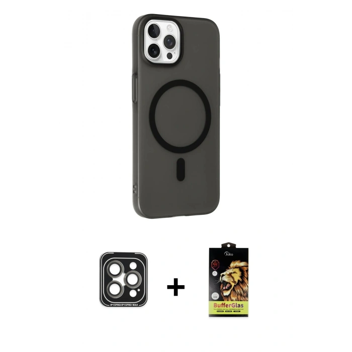 MARSİLYAN™- iPhone 15 Pro Max Kılıf Çekirdek Modern Prime - Siyah Buffer Cam Ekran Koruyucu + Gri PVD Metal Kamera Lens