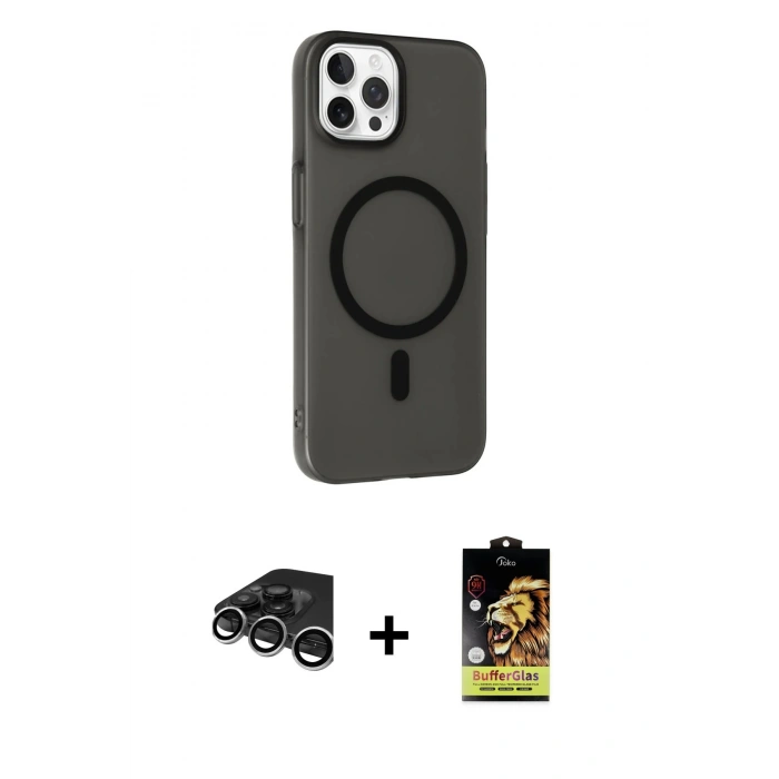 MARSİLYAN™- iPhone 15 Pro Max Kılıf Çekirdek Modern Prime - Siyah Buffer Cam Ekran Koruyucu + Raze Metal Kamera Lens - GS