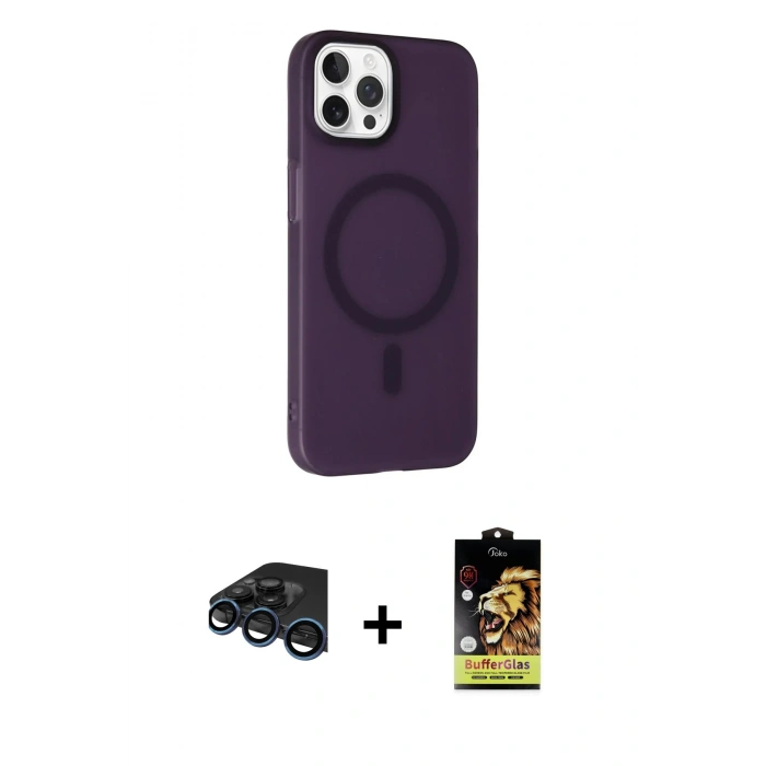 MARSİLYAN™- iPhone 15 Pro Max Kılıf Çekirdek Modern Prime - Siyah Buffer Cam Ekran Koruyucu + Raze Metal Kamera Lens - LT
