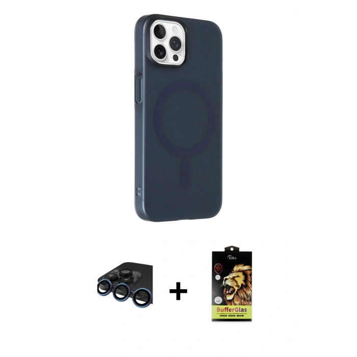 MARSİLYAN™- iPhone 15 Pro Max Kılıf Çekirdek Modern Prime - Siyah Buffer Cam Ekran Koruyucu + Raze Metal Kamera Lens - LT