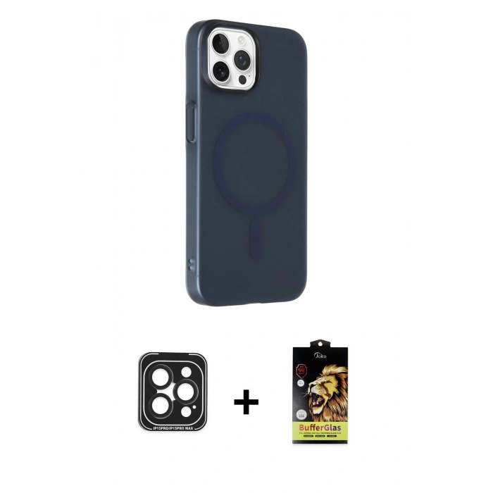 MARSİLYAN™- iPhone 15 Pro Max Kılıf Çekirdek Modern Prime - Siyah Buffer Cam Ekran Koruyucu + PVD Metal Kamera Lens - SH