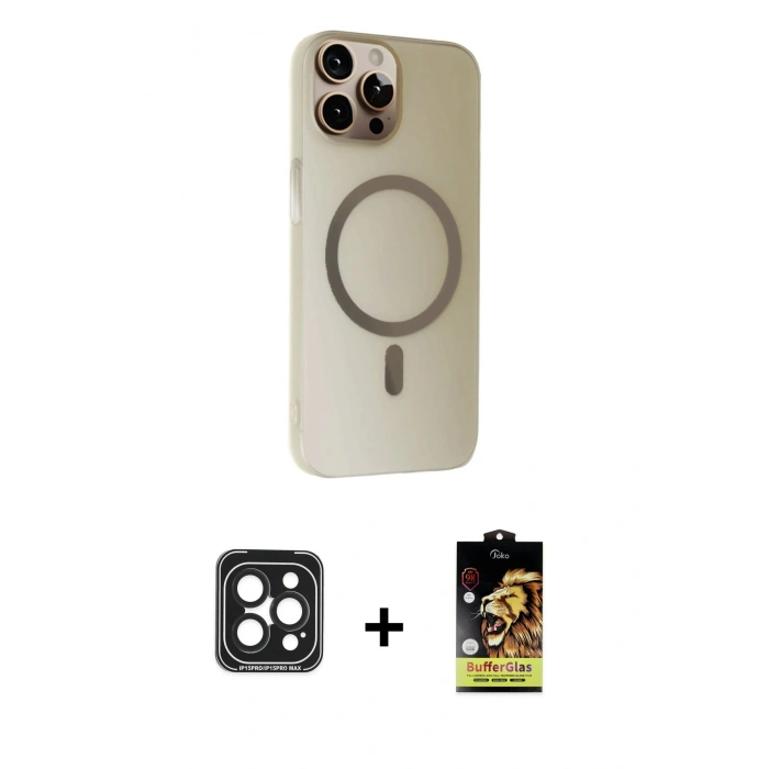 MARSİLYAN™- iPhone 15 Pro Max Kılıf Çekirdek Modern Prime - Siyah Buffer Cam Ekran Koruyucu + PVD Metal Kamera Lens - SH