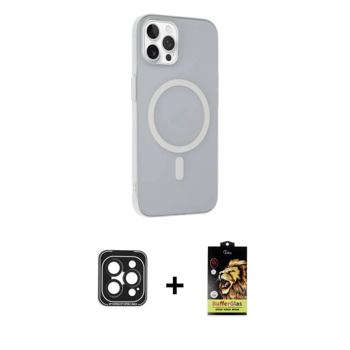 MARSİLYAN™- iPhone 15 Pro Max Kılıf Çekirdek Modern Prime - Siyah Buffer Cam Ekran Koruyucu + PVD Metal Kamera Lens - SH