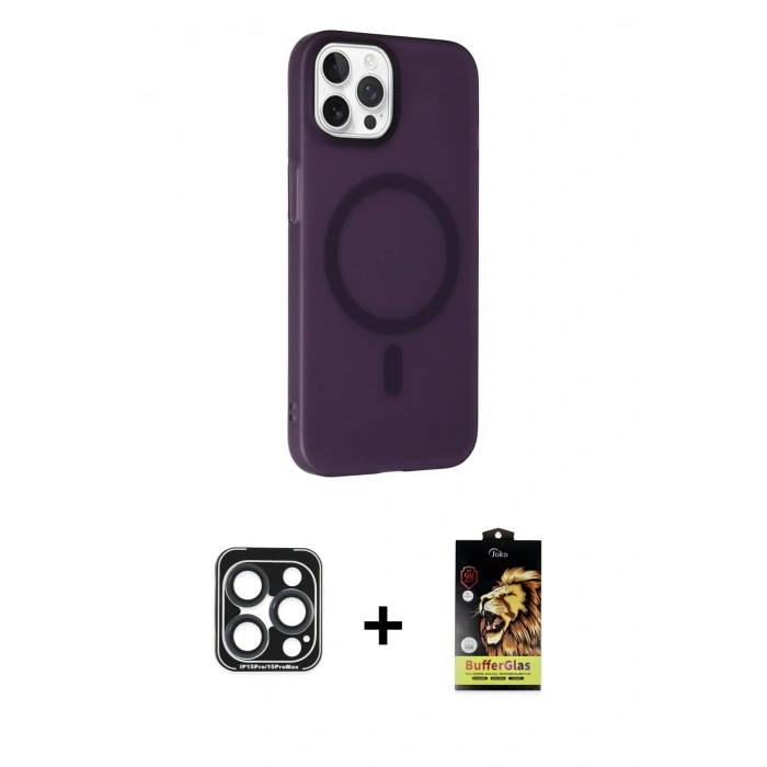 MARSİLYAN™- iPhone 15 Pro Max Kılıf Çekirdek Modern Prime - Siyah Buffer Cam Ekran Koruyucu + PVD Metal Kamera Lens - LT