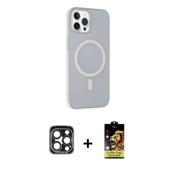MARSİLYAN™- iPhone 15 Pro Max Kılıf Çekirdek Modern Prime - Siyah Buffer Cam Ekran Koruyucu + PVD Metal Kamera Lens - LT