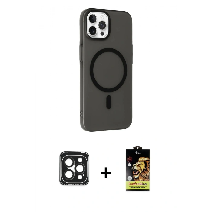 MARSİLYAN™- iPhone 15 Pro Max Kılıf Çekirdek Modern Prime - Siyah Buffer Cam Ekran Koruyucu + PVD Metal Kamera Lens - SH