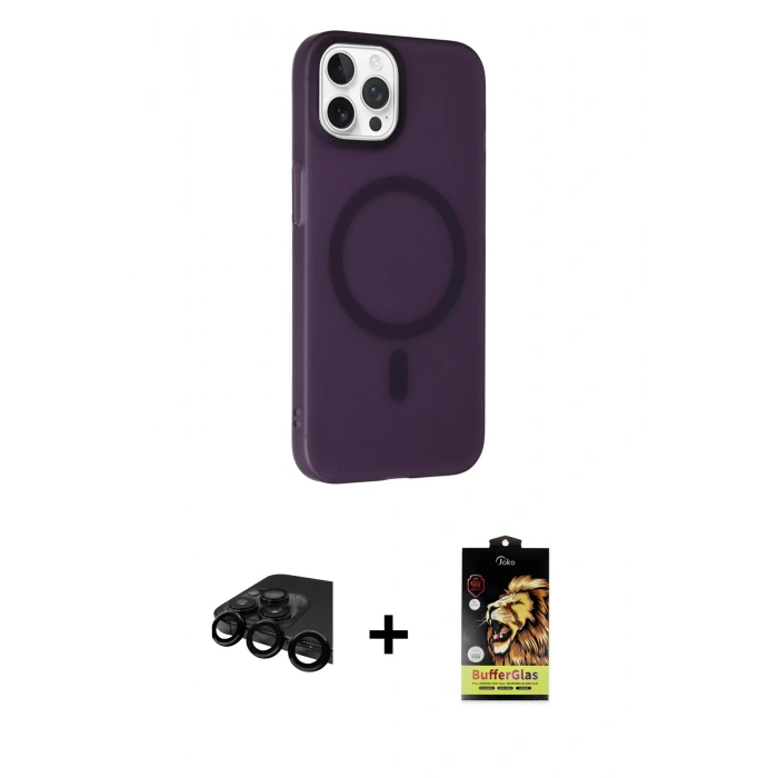 MARSİLYAN™- iPhone 15 Pro Max Kılıf Çekirdek Modern Prime - Siyah Buffer Cam Ekran Koruyucu + Raze Metal Kamera Lens - SH