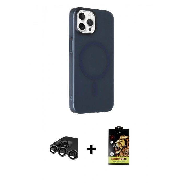 MARSİLYAN™- iPhone 15 Pro Max Kılıf Çekirdek Modern Prime - Siyah Buffer Cam Ekran Koruyucu + Raze Metal Kamera Lens - TMGI