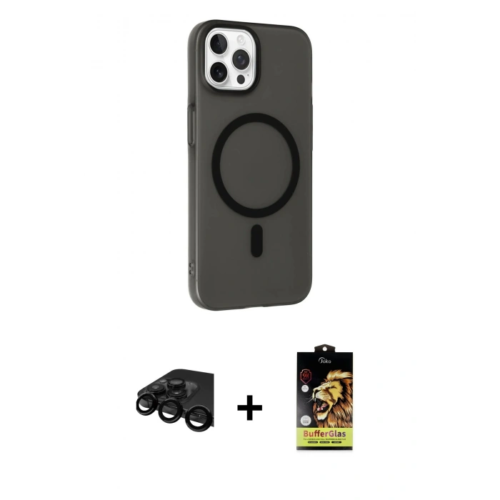 MARSİLYAN™- iPhone 15 Pro Max Kılıf Çekirdek Modern Prime - Siyah Buffer Cam Ekran Koruyucu + Raze Metal Kamera Lens - SH