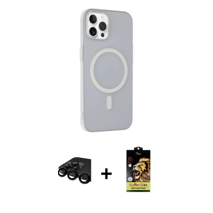 MARSİLYAN™- iPhone 15 Pro Max Kılıf Çekirdek Modern Prime - Siyah Buffer Cam Ekran Koruyucu + Raze Metal Kamera Lens - SH