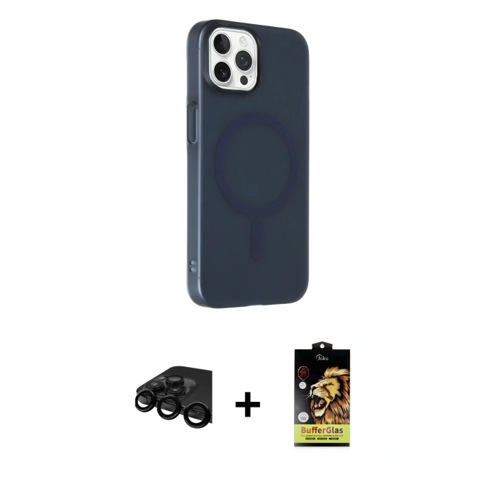 MARSİLYAN™- iPhone 15 Pro Max Kılıf Çekirdek Modern Prime - Siyah Buffer Cam Ekran Koruyucu + Raze Metal Kamera Lens - SH