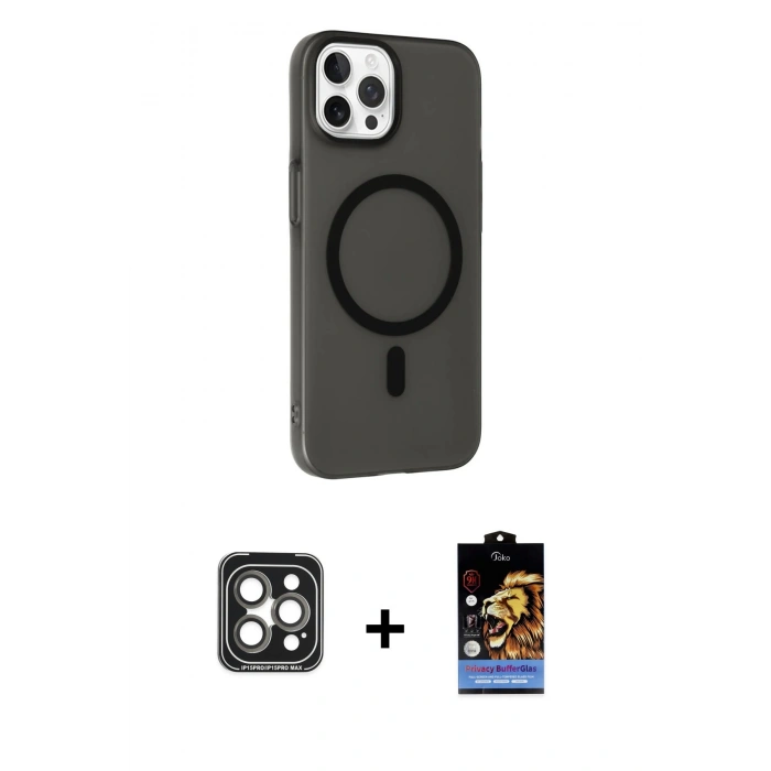 MARSİLYAN™- iPhone 15 Pro Max Kılıf Çekirdek Modern Prime - Siyah Buffer Hayalet Cam Ekran Koruyucu + PVD Metal Kamera Lens - GI