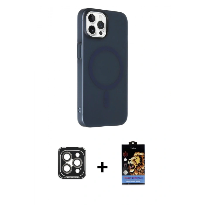 MARSİLYAN™- iPhone 15 Pro Max Kılıf Çekirdek Modern Prime - Siyah Buffer Hayalet Cam Ekran Koruyucu + PVD Metal Kamera Lens - GI