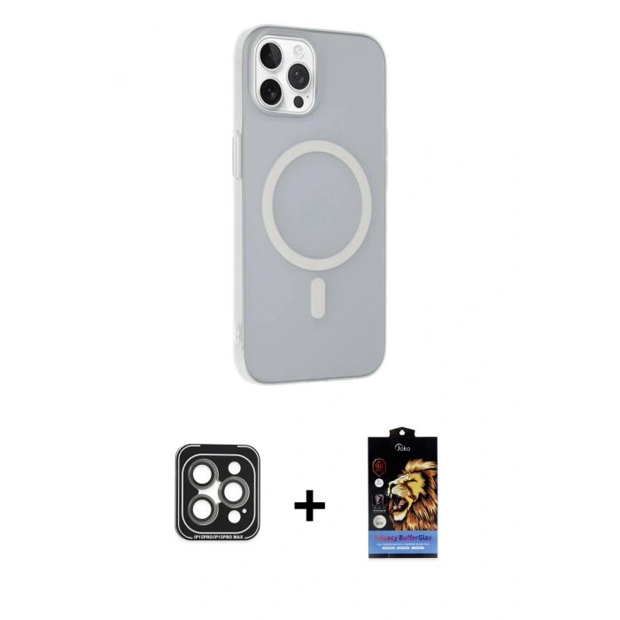 MARSİLYAN™- iPhone 15 Pro Max Kılıf Çekirdek Modern Prime - Siyah Buffer Hayalet Cam Ekran Koruyucu + PVD Metal Kamera Lens - GI