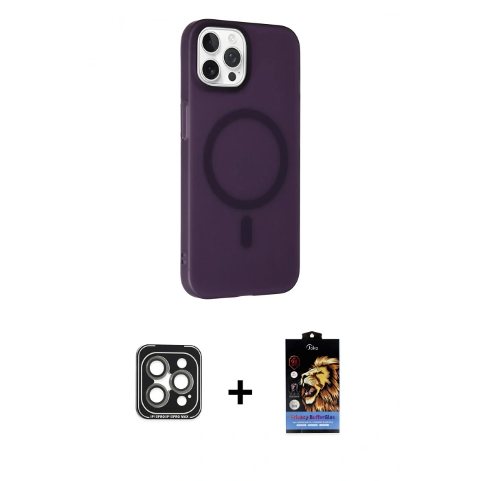 MARSİLYAN™- iPhone 15 Pro Max Kılıf Çekirdek Modern Prime - Siyah Buffer Hayalet Cam Ekran Koruyucu + PVD Metal Kamera Lens - GI