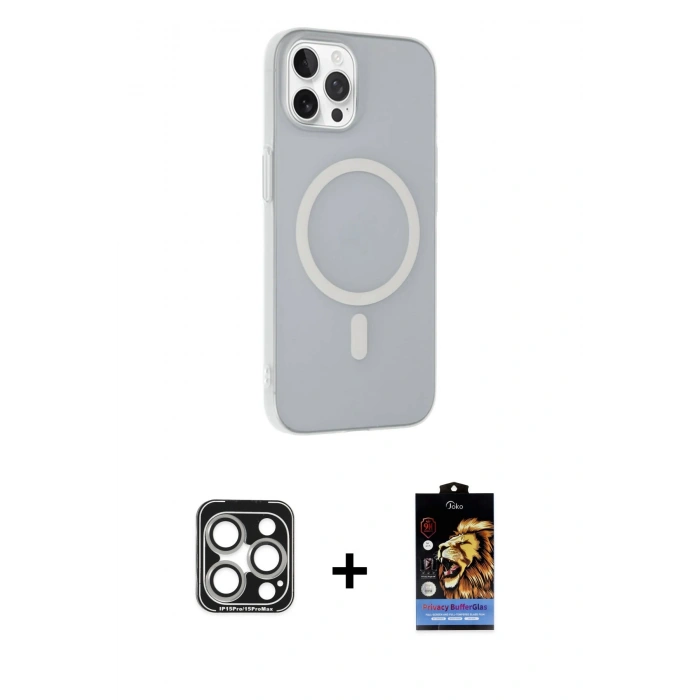 MARSİLYAN™- iPhone 15 Pro Max Kılıf Çekirdek Modern Prime - Siyah Buffer Hayalet Cam Ekran Koruyucu + PVD Metal Kamera Lens - GS