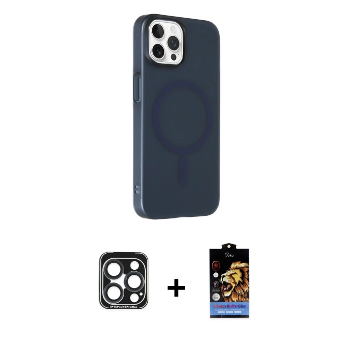 MARSİLYAN™- iPhone 15 Pro Max Kılıf Çekirdek Modern Prime - Siyah Buffer Hayalet Cam Ekran Koruyucu + PVD Metal Kamera Lens - LT