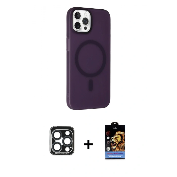 MARSİLYAN™- iPhone 15 Pro Max Kılıf Çekirdek Modern Prime - Siyah Buffer Hayalet Cam Ekran Koruyucu + PVD Metal Kamera Lens - LT